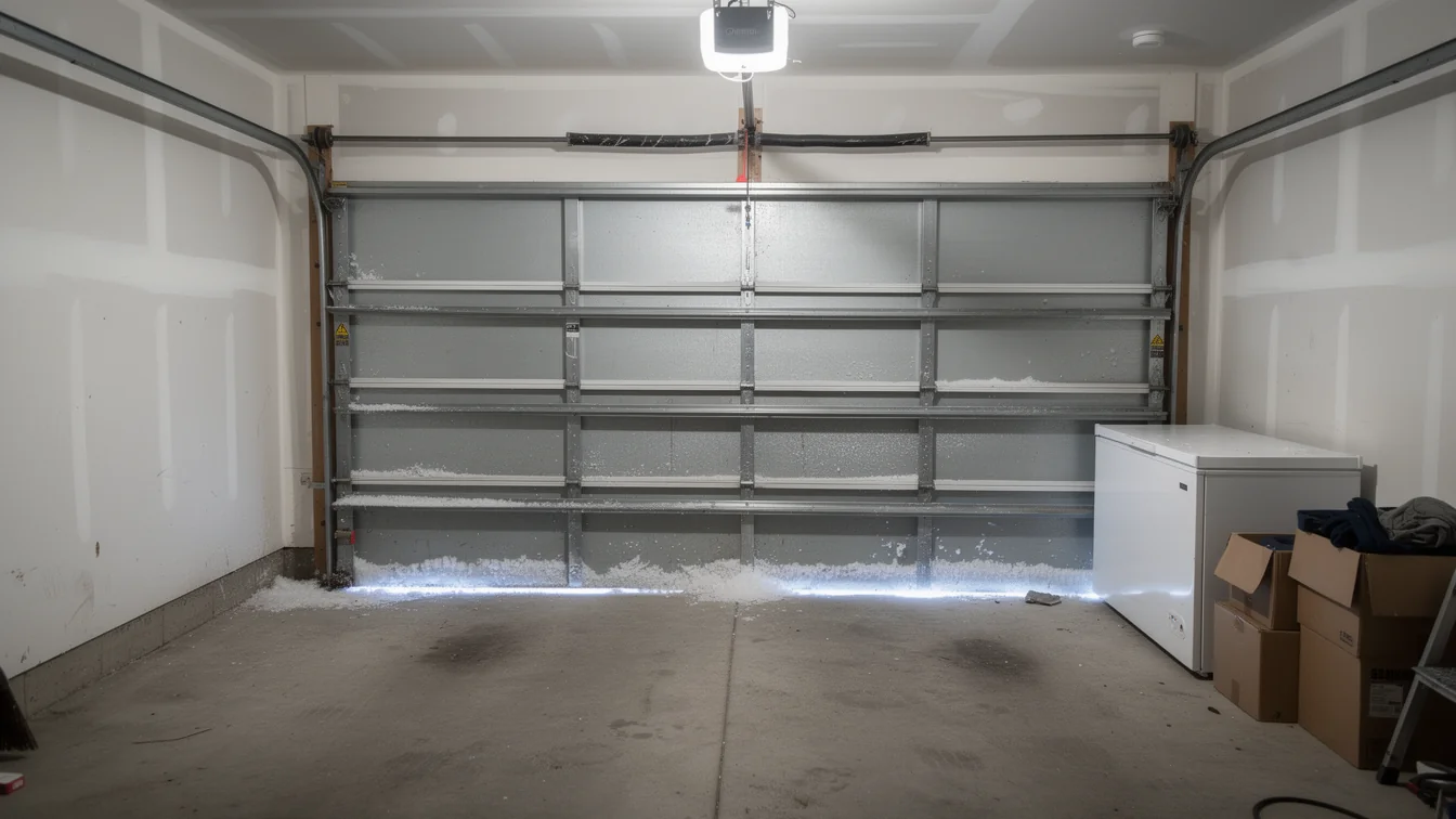 The garage door is closed with snow visible at the bottom.