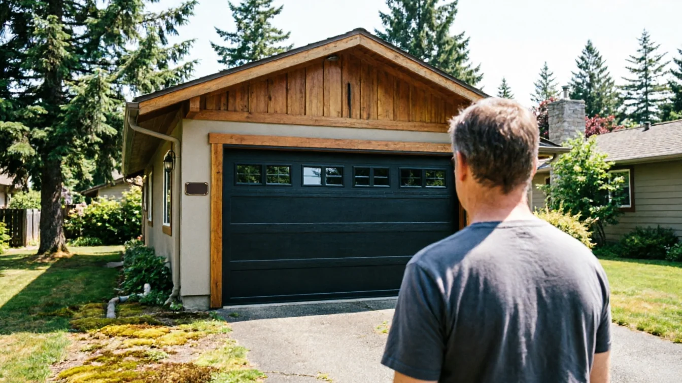 A man stands in a driveway looking at a black garage door with windows.