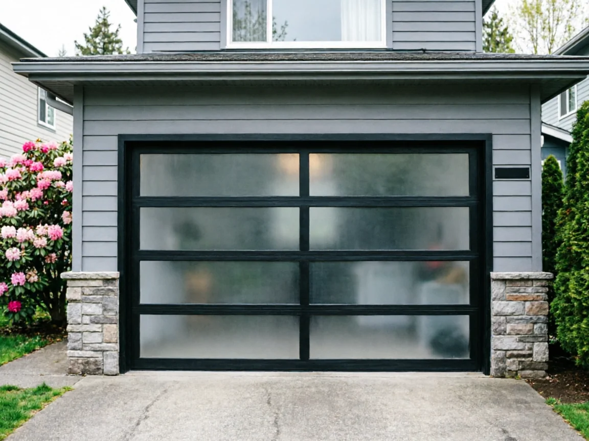 A modern black garage door with frosted glass panels on a gray house.