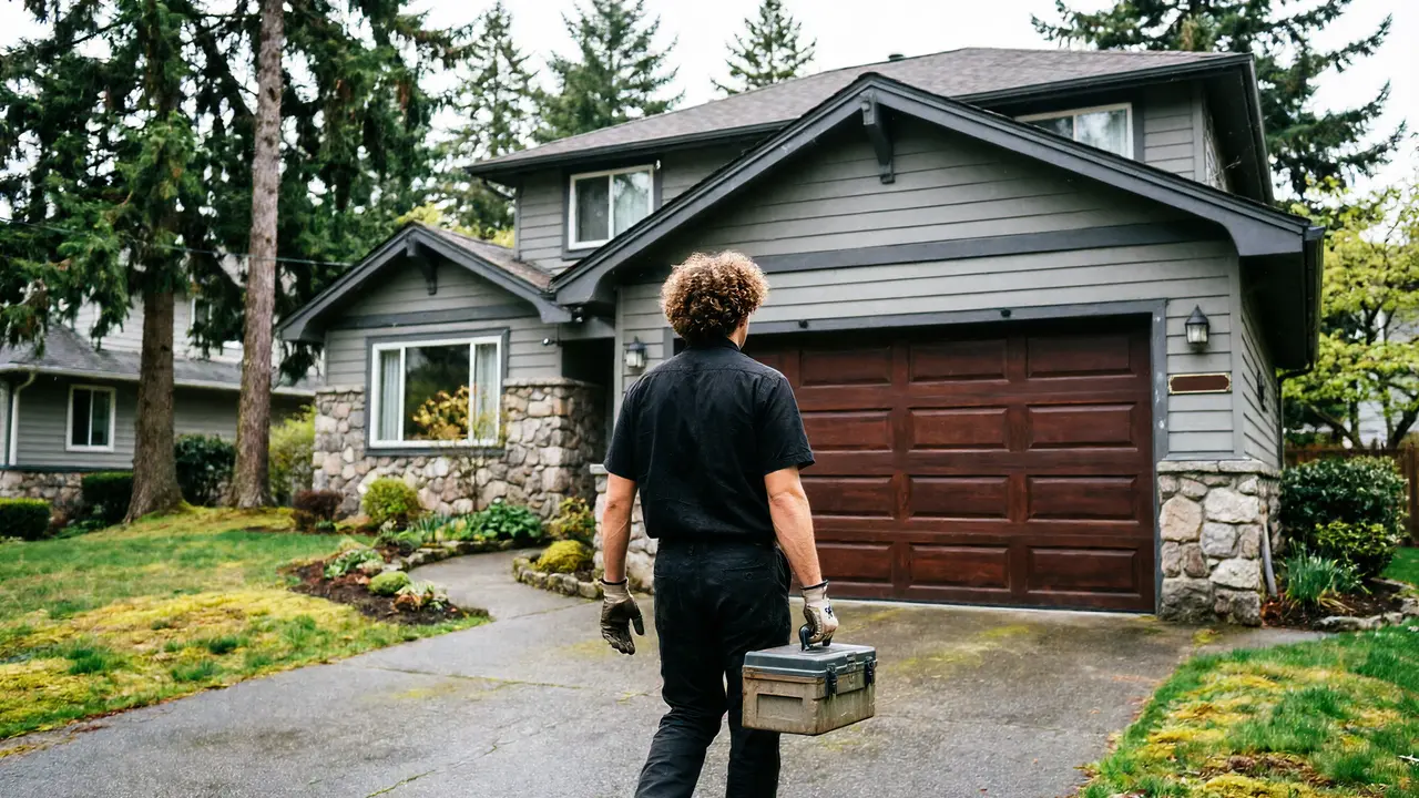 New opener rail on a garage ceiling, and an installer drilling a hinge onto a door panel