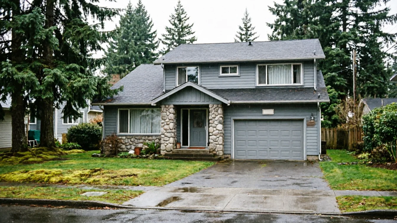 A gray house with a gray garage door and stone accents on a cloudy day.