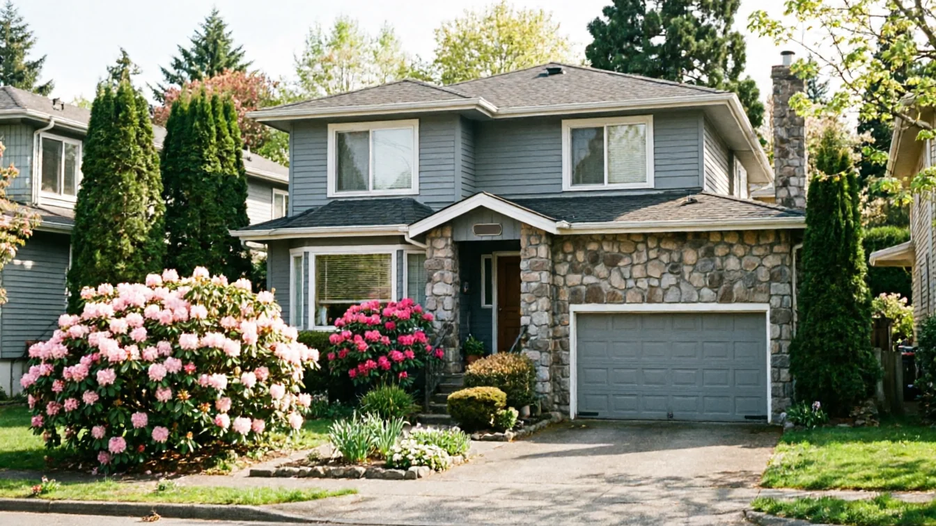 A gray house with stone siding and a gray garage door is surrounded by trees and bushes.