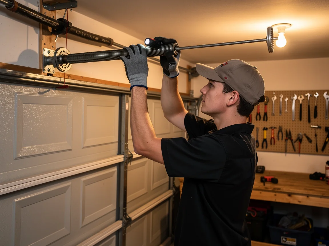 A technician in a cap and gloves works on a garage door torsion spring.