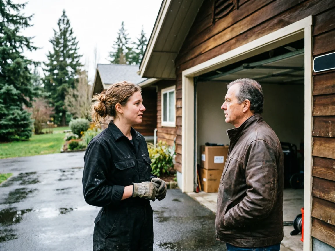 A technician in a black jumpsuit talks to a man in a brown jacket.
