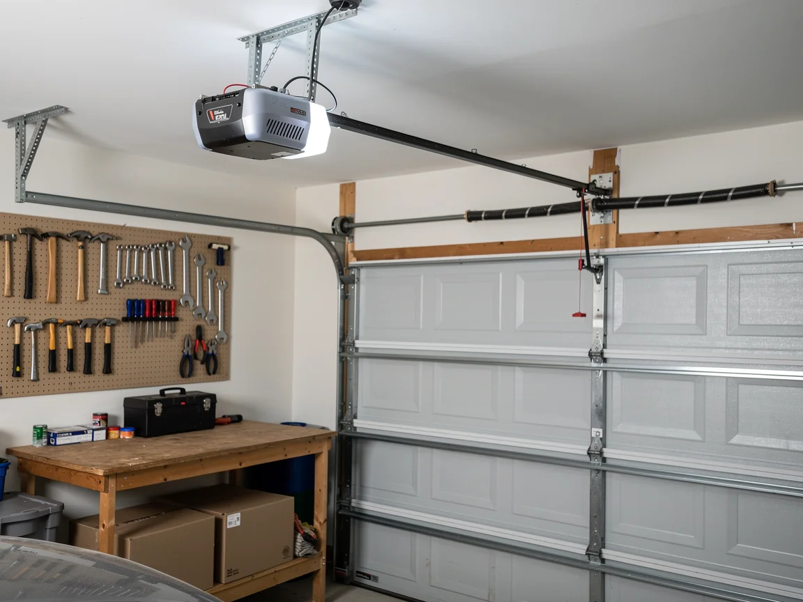 A garage door opener is installed above a white garage door and workbench.