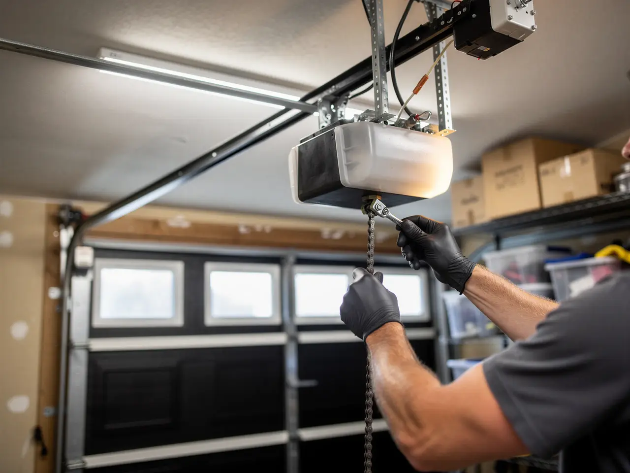 A technician in black gloves adjusts a garage door opener chain.