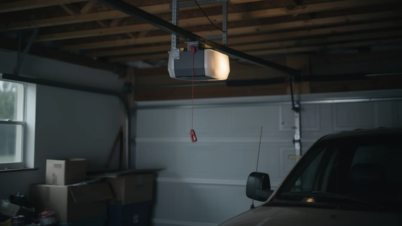 A garage door opener with an illuminated light hangs above a parked car.