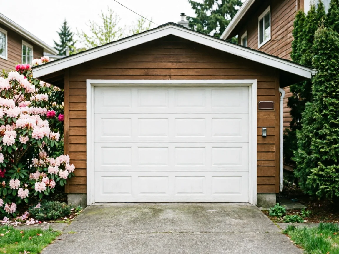 A white garage door is on a brown wooden garage with pink flowers.