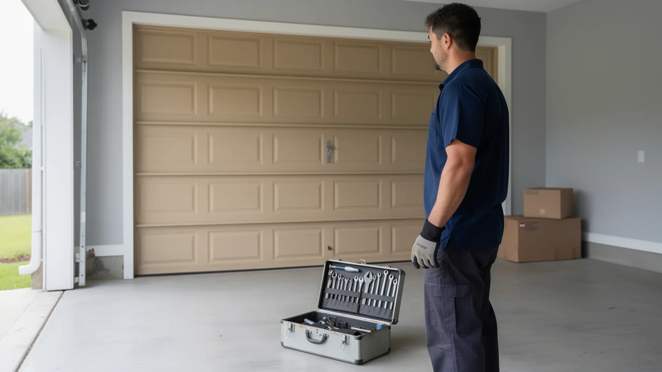 A technician stands in a garage with an open toolbox and a closed garage door.