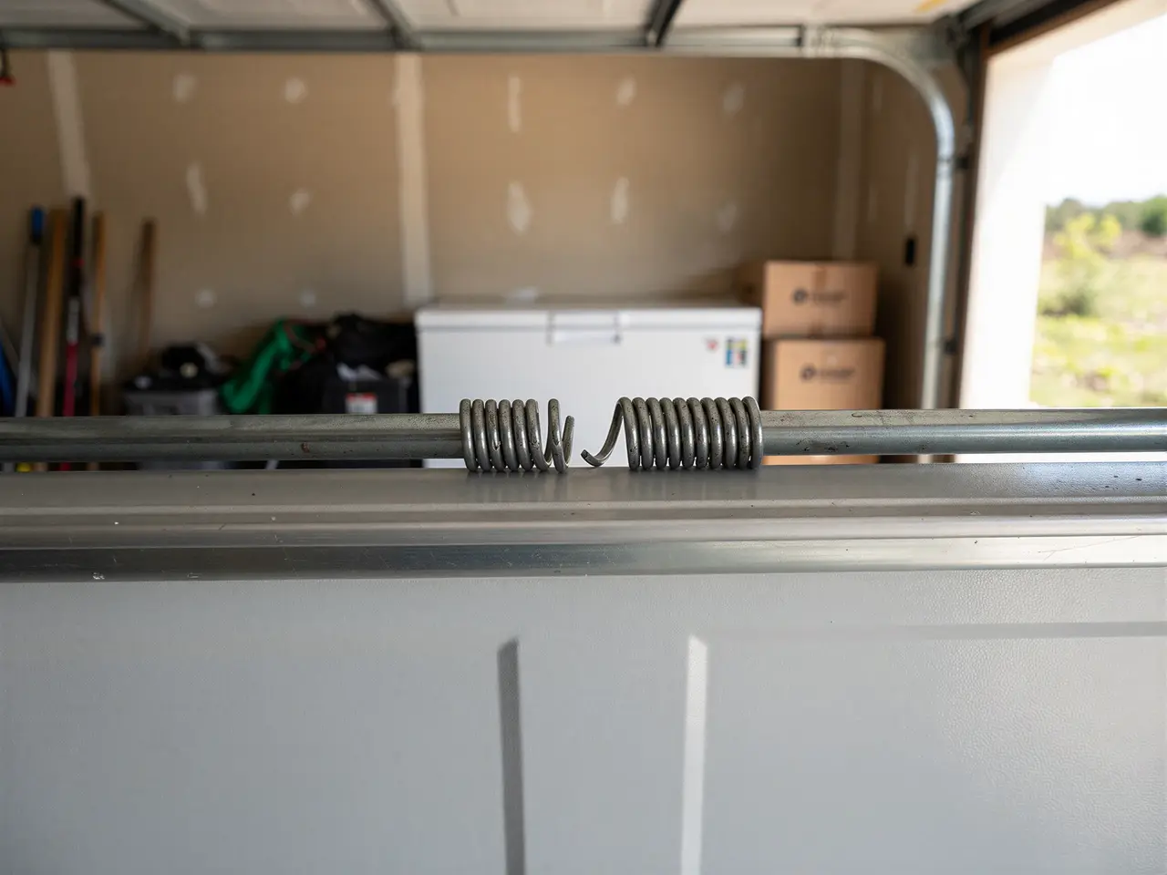 A broken torsion spring is visible above a white garage door.