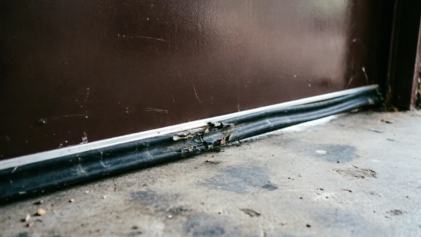 The bottom seal of a brown garage door is damaged and torn.