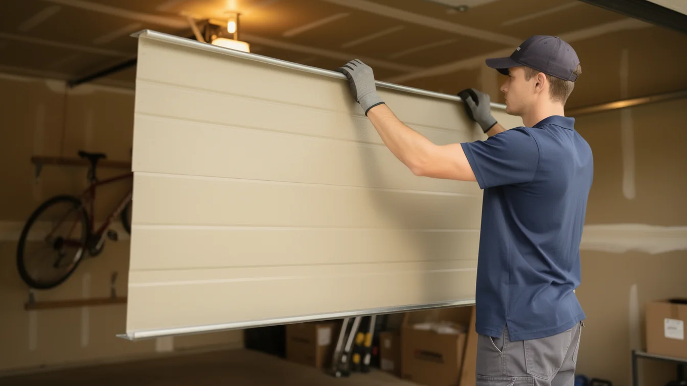 A technician in a blue shirt and hat installs a beige garage door panel.