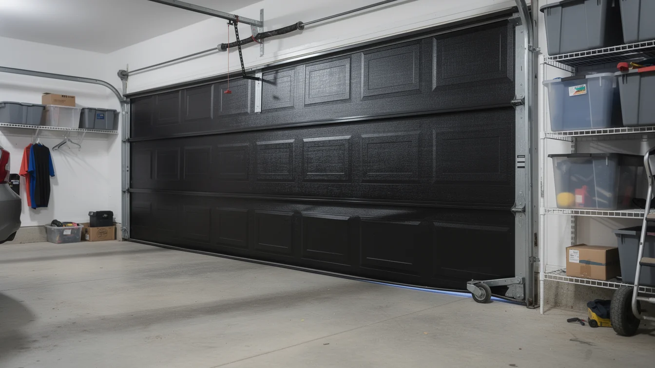 A black garage door is partially open in a garage with storage shelves.