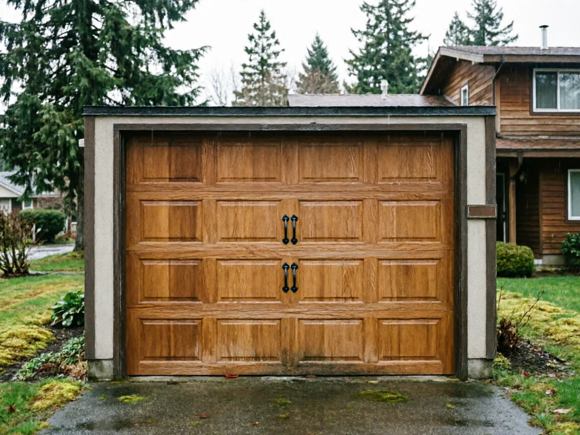 A brown wooden garage door with black handles on a house with green trees.